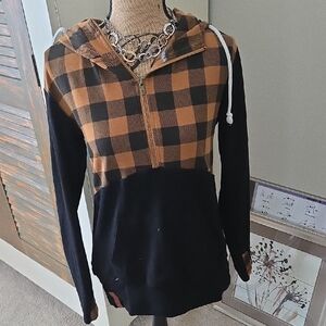 AMPERSAND AVE Black and Orange Plaid Hoodie